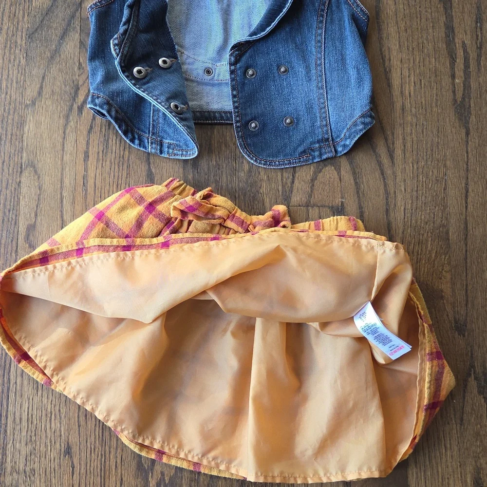 Set Bundle 3 Esprit Medium Washed Denim Vest Floral Lining Plaid Skirt, Headband